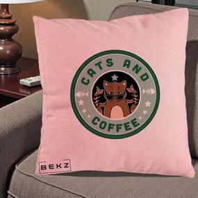 Perna Personalizata Cats and Coffee Starbucks, 40x40 cm, Roz, Husa Detasabila, Perna Inclusa, BEKZ®