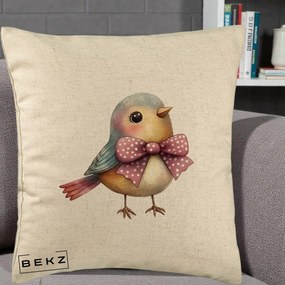 Perna Decorativa Pasare Bleu cu Fundita Roz, 40x40 cm, Bej, Husa Detasabila, Perna Inclusa, BEKZ®