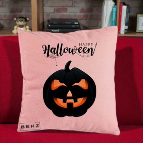 Perna Decorativa Happy Halloween Dovleac Negru cu Paianjen, 40x40 cm, Roz, Husa Detasabila, Perna Inclusa, BEKZ®
