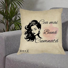 Cadou pentru Cumnata - Perna Personalizata Cea mai Buna Cumnata cu Silueta Dama si Pete Roz, 40x40 cm, Crem, Husa Detasabila, Perna Inclusa, BEKZ®