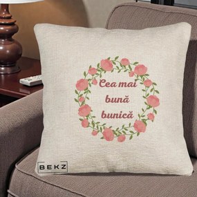 Cadou pentru Bunica - Perna Personalizata Cea Mai Buna Bunica Coronita Trandafiri Roz Clasic, 40x40 cm, Bej Canapea, Husa Detasabila, Perna Inclusa, BEKZ®