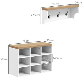 HOMCOM Set mobilier pentru hol 2-în-1 cuier de perete băncuță pentru încălțăminte 3 cârlige și 9 nișe 75x30x50cm alb și stejar | Aosom Romania