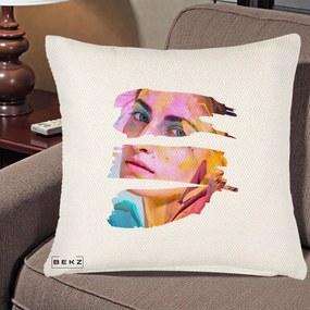 Perna Decorativa Portret Femeie Fragmentat Colorat, 40x40 cm, Crem Reliefat, Husa Detasabila, Perna Inclusa, BEKZ®