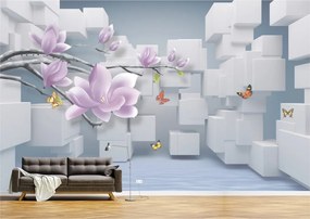 Tapet Premium Canvas - Abstract flori mov si fluturi