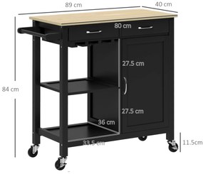 HOMCOM Cărucior de Bucătărie cu Sertare, Roți și Dulap cu 2 Uși 89x40x84 cm Negru | Aosom Romania
