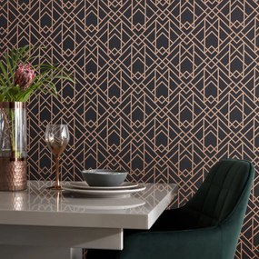 Tapet Metro, Jet Black and Gold Luxury Geometric, 1838 Wallcoverings, 5.3mp / rola