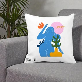 Perna Decorativa Femeie Albastra Cactus, 40x40 cm, Alba Mata, Husa Detasabila, Perna Inclusa, BEKZ®