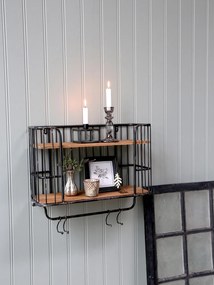 Etajeră de perete vintage, din metal, cu 5 agățători, finisaj negru antichizat, Old Shelf