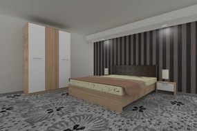 Dormitor Luiza 3U4PTM, culoare sonoma / alb, cu pat tapiterie maro 140 x 200, dulap cu 3 usi 123 cm si 2 noptiere
