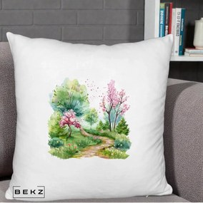 Perna Decorativa Gradina Primavara Acuarela, 40x40 cm, Alb Pufos, Husa Detasabila, Perna Inclusa, BEKZ®