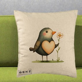 Perna Decorativa Pasare cu Inima si Margareta, 40x40 cm, Bej, Husa Detasabila, Perna Inclusa, BEKZ®