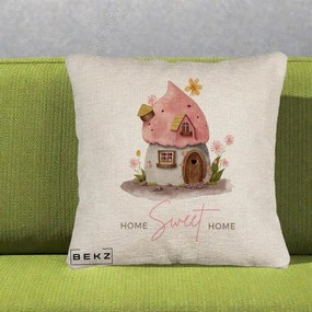 Perna Decorativa Home Sweet Home Casuta, 40x40 cm, Bej Canapea, Husa Detasabila, Perna Inclusa, BEKZ®