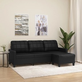 3201014 vidaXL Canapea cu 3 locuri și taburet, negru, 180 cm, piele ecologică