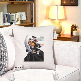 Perna Personalizata Bleach Grup Complet Ichigo si Prietenii, 40x40 cm, Bej cu Franjuri, Husa Detasabila, Perna Inclusa, BEKZ®