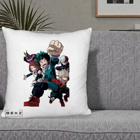 Perna Personalizata My Hero Academia Izuku Deku si Echipa, 40x40 cm, Alb Pufos, Husa Detasabila, Perna Inclusa, BEKZ®