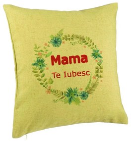 Perna Decorativa, Model Mama Te Iubesc, 40x40 cm, Verde, Husa Detasabila, Burduf