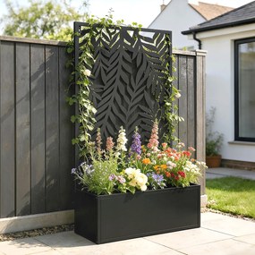 Outsunny Jardinieră cu protecție vizuală jardinieră cu spalier motive cu frunze tropicale 61 x 23 x 113 cm Negru | Aosom Romania
