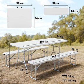 Outsunny Set Masă de Camping Pliabilă cu 2 Scaune, 180x74x74 cm, Alb | Aosom Romania