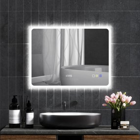 HOMCOM Oglindă LED pentru Baie cu Bluetooth, Iluminare Reglabilă și Funcție de Memorare, din Sticlă Securizată, 80x60x3,5 cm | Aosom Romania