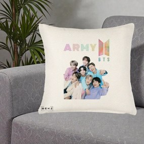 Perna Personalizata K-pop BTS ARMY Fotografie Grup Veseli, 40x40 cm, Crem Reliefat, Husa Detasabila, Perna Inclusa, BEKZ®