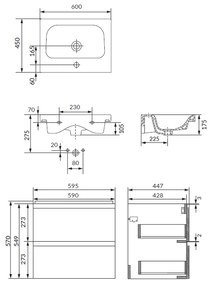 Set dulap baie suspendat 2 sertare cu lavoar Cersanit Moduo 2 inclus, 60 cm, antracit mat