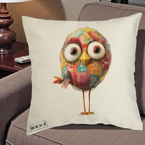Perna Decorativa Pasare Patchwork cu Gene Lungi, 40x40 cm, Ecru, Husa Detasabila, Perna Inclusa, BEKZ®