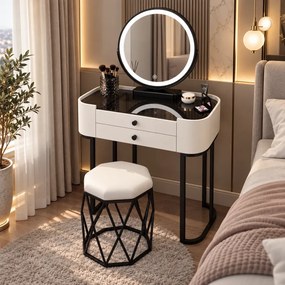Set MAYA – Masă de Toaletă pentru Machiaj, cu Oglindă Iluminată LED, Control Touch, Taburet tapitat, Alb/Negru