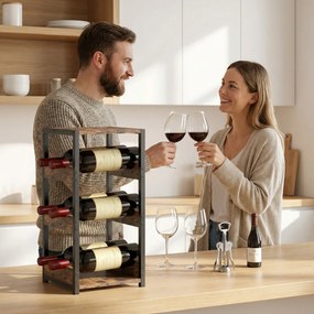 HOMCOM Suport Vin, Rafturi Ondulate, Picioare Reglabile, Maro Rustic, Negru | Aosom Romania