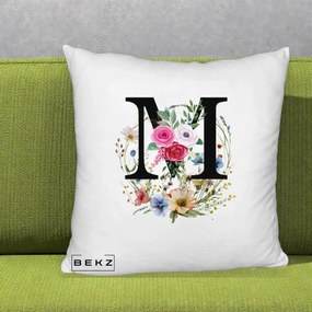 Cadou Personalizat - Perna Personalizata Monogram Litera M cu Flori Acuarela, 40x40 cm, Alb Pufos, Husa Detasabila, Perna Inclusa, BEKZ®