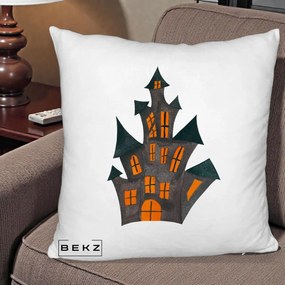 Perna Decorativa Halloween Casa Bantuita Minimalista, 40x40 cm, Alb Pufos, Husa Detasabila, Perna Inclusa, BEKZ®