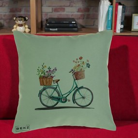 Perna Decorativa Bicicleta Florala Turcoaz Acuarela, 40x40 cm, Verde, Husa Detasabila, Perna Inclusa, BEKZ®