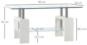 HOMCOM Măsuță de Cafea Dreptunghiulară din Sticlă, Masă Centrală cu 2 Niveluri și Raft de Depozitare, 90x50x42 cm, Alb | Aosom Romania