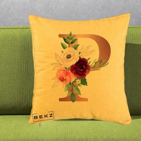 Cadou Personalizat - Perna Personalizata Monograma Rose Gold Litera P, 40x40 cm, Galben, Husa Detasabila, Perna Inclusa, BEKZ®