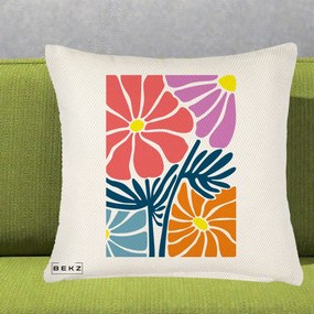Perna Decorativa Flori Grafice Roz-Orange-Albastru, 40x40 cm, Crem Reliefat, Husa Detasabila, Perna Inclusa, BEKZ®