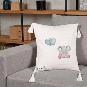 Perna Decorativa cu Franjuri, Model Elefant si baloane in forma de inimioare, 40x40 cm, Bej cu Franjuri, Husa Detasabila, Perna Inclusa, BEKZ®