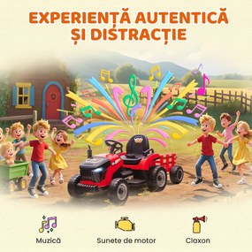 AIYAPLAY 2 în 1 Tractor Electric pentru Copii 3-8 Ani cu Remorcă Detașabilă, Telecomandă, Muzică, Lumini, Roșu | Aosom Romania