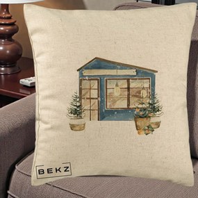 Perna Decorativa Casa de Iarna Watercolor, 40x40 cm, Bej, Husa Detasabila, Perna Inclusa, BEKZ®