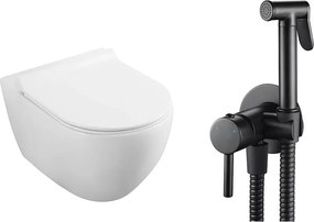 Pachet vas wc suspendat Fluminia, capac softclose si set dus igiena intima negru cu baterie incastrata Rea Loop
