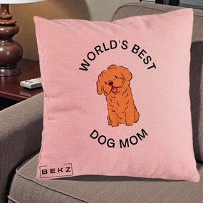 Cadou pentru Iubitorii de Caini - Perna Personalizata World's Best Dog Mom, 40x40 cm, Roz, Husa Detasabila, Perna Inclusa, BEKZ®