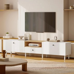 HOMCOM Comodă TV 200 cm pentru televizoare până la 228,6 cm, 2 compartimente rabatabile, spațiu deschis, sertar, 8 picioare, placă aglomerată, alb | Aosom Romania