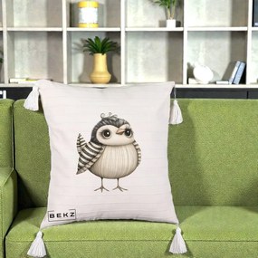Perna Decorativa Pui Elegant Alb-Negru, 40x40 cm, Bej cu Franjuri, Husa Detasabila, Perna Inclusa, BEKZ®