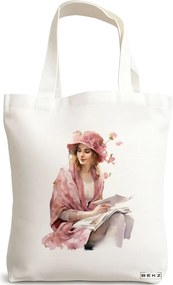 Sacosa de Panza pentru Cumparaturi, Geanta Tote, model The bookie girl 13 38 x 34.5 cm, Alba, BEKZ®