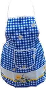 Sort de bucatarie din bumbac 100% Casa Gino®, cu buzunar, marime universala, cordon de prindere lung, Carouri albastre si margarete