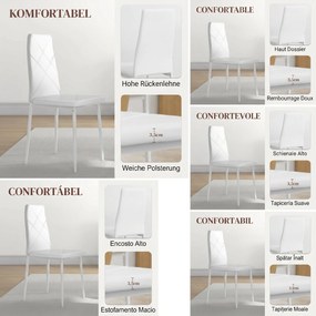 HOMCOM Set 6 Scaune de Sufragerie Tapițate cu Spătar Înalt, Tălpi Antiderapante și Picioare din Oțel, 41x50x97 cm, Alb | Aosom Romania