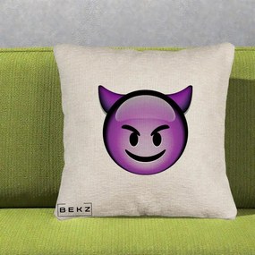 Perna Decorativa Emoji Diavol Mov, 40x40 cm, Bej Canapea, Husa Detasabila, Perna Inclusa, BEKZ®