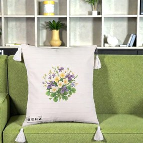 Perna Decorativa Viorele Iris Violet si Trifoi, 40x40 cm, Bej cu Franjuri, Husa Detasabila, Perna Inclusa, BEKZ®