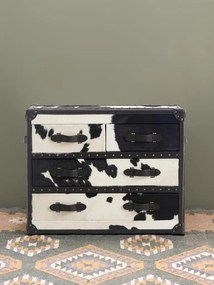 Comoda alb-negru, din piele naturala de vaca si lemn de stejar, cu 4 sertare, Cow
