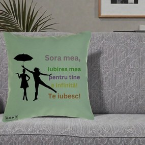 Cadou pentru Sora - Perna Personalizata Sora Mea Te Iubesc Siluete Colorate Umbrela, 40x40 cm, Verde, Husa Detasabila, Perna Inclusa, BEKZ®