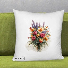 Perna Decorativa Buchet Mixt Acuarela Lavanda-Trandafiri, 40x40 cm, Alb Pufos, Husa Detasabila, Perna Inclusa, BEKZ®