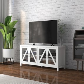 HOMCOM Comodă TV pentru living masă pentru televizoare de până la 147,3 cm cu 4 uși din sticlă, rafturi reglabile 130x35x60 cm Alb | Aosom Romania